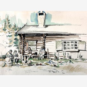  Moose hunters resting at the log cabin kort Marianne Andresen